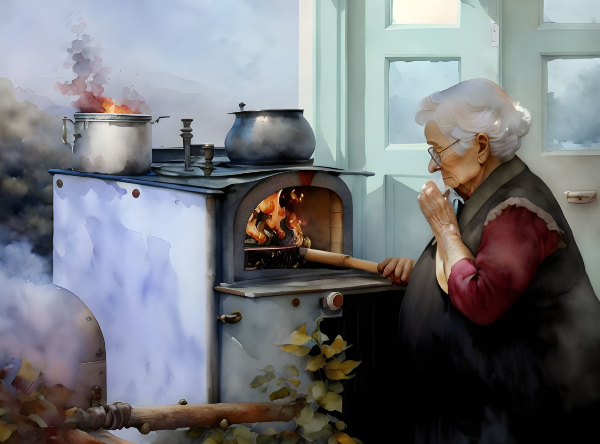 Elderly woman stoking fire in wood-burning stove with steam and autumn leaves