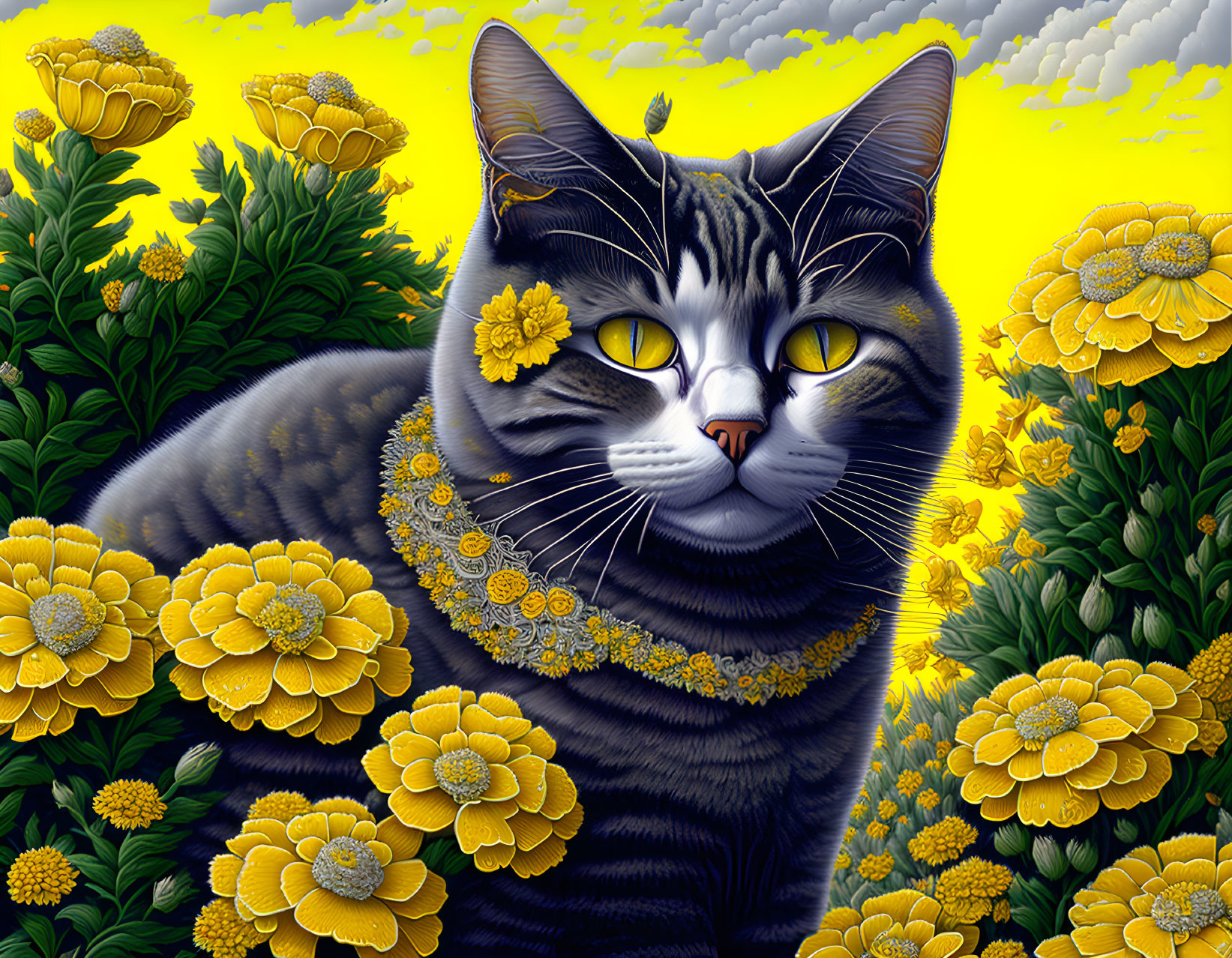 Gray Tabby Cat with Yellow Eyes Surrounded by Marigolds and Flowers