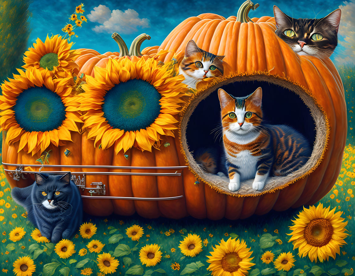 Colorful Cats with Carved Pumpkin and Sunflowers Display