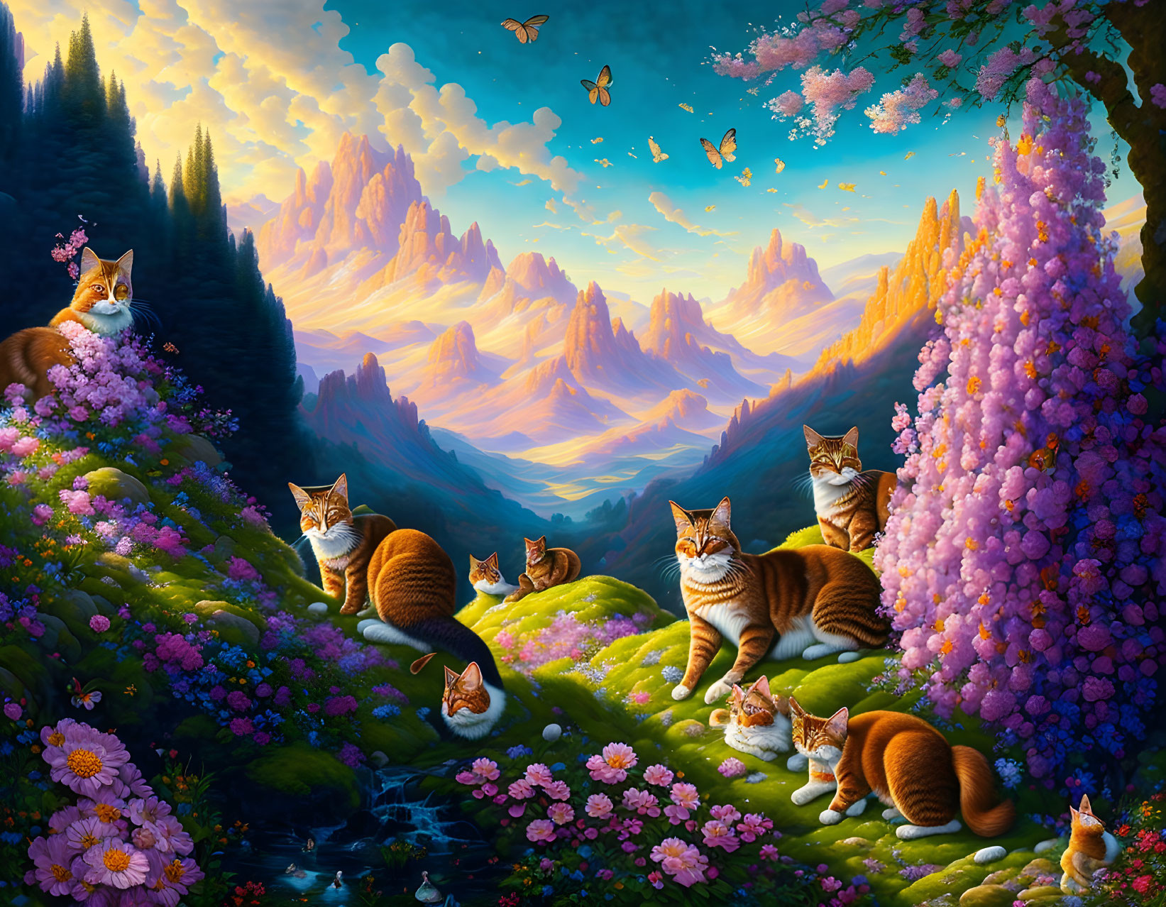 Fantasy landscape with cats, flowers, mountains, and butterflies