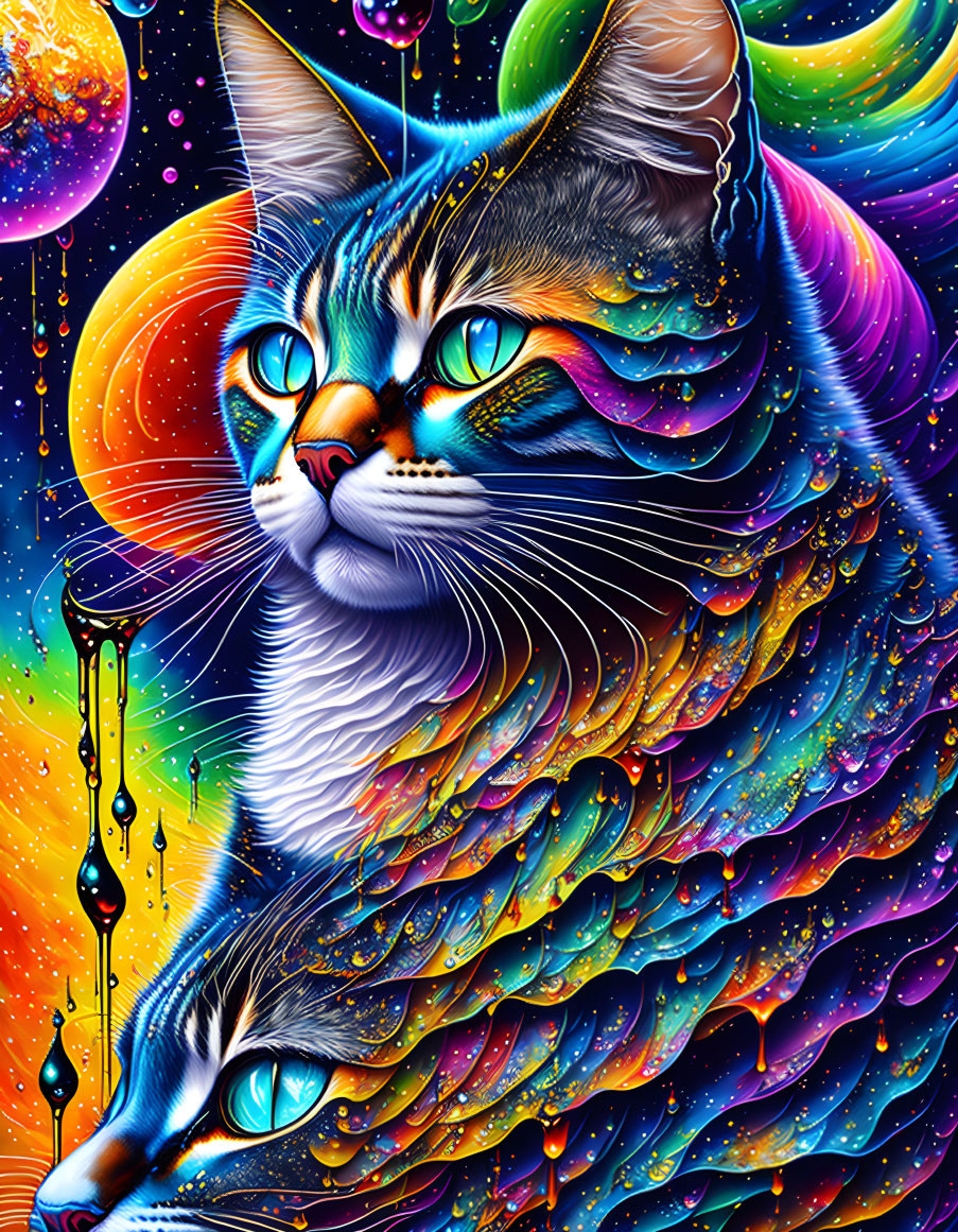 Colorful Psychedelic Cat Illustration with Cosmic Background