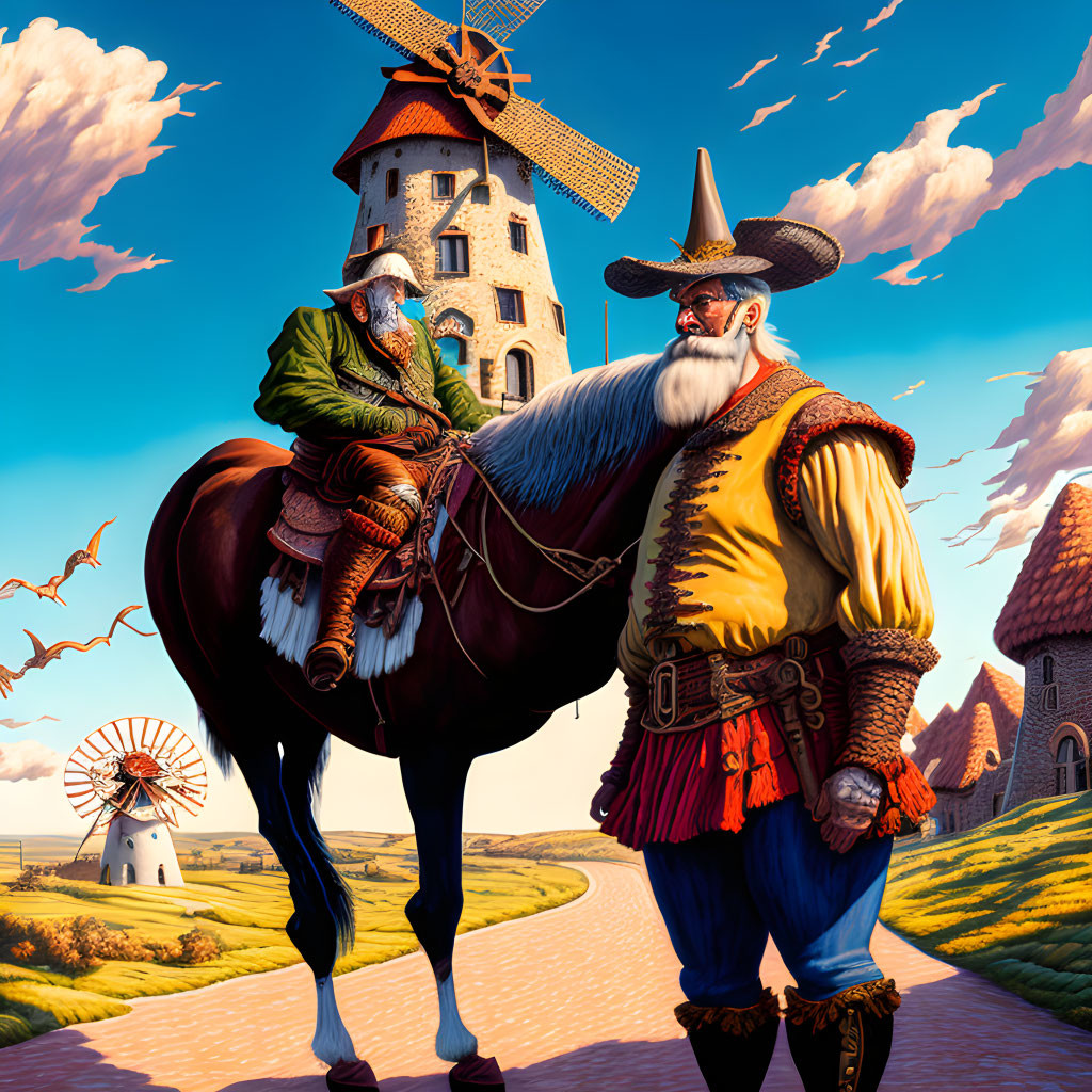 Fantasy characters on horseback in whimsical countryside