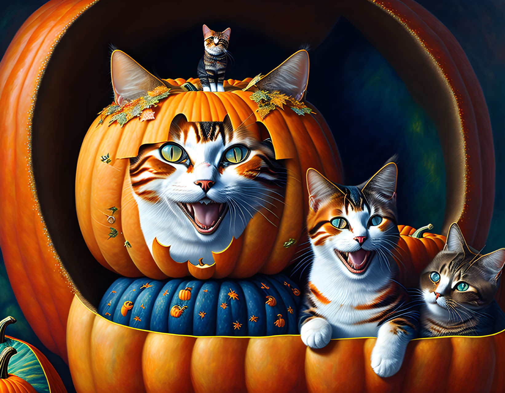 Four Joyful Cats in Carved Pumpkin with Autumn Leaves