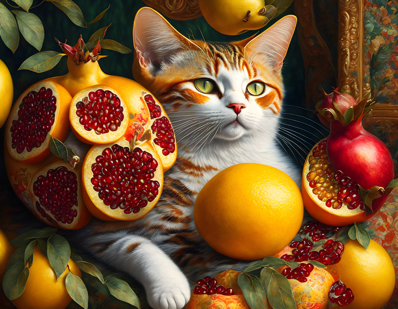 Colorful Tabby Cat Painting Among Pomegranates and Oranges