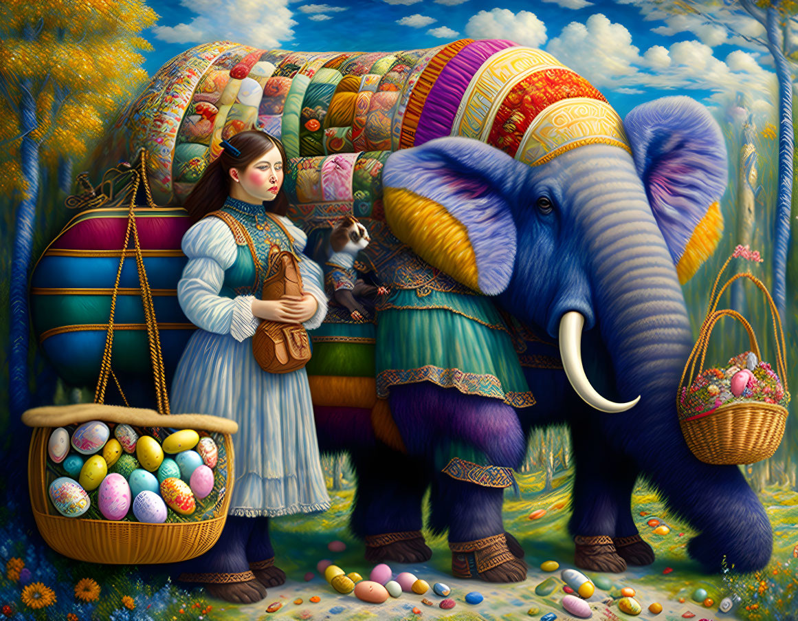 Vibrant artwork of woman in traditional dress with eggs, beside decorated elephant and Easter basket