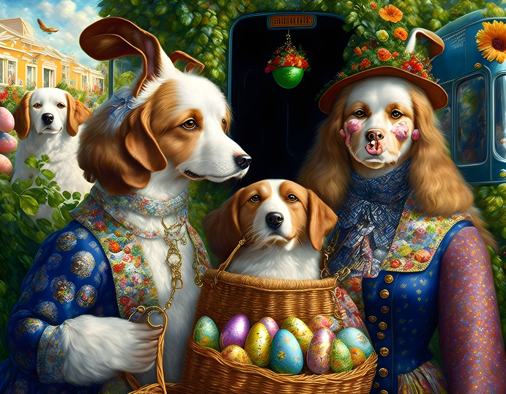 Three dogs in costumes with human-like features in a whimsical garden setting.