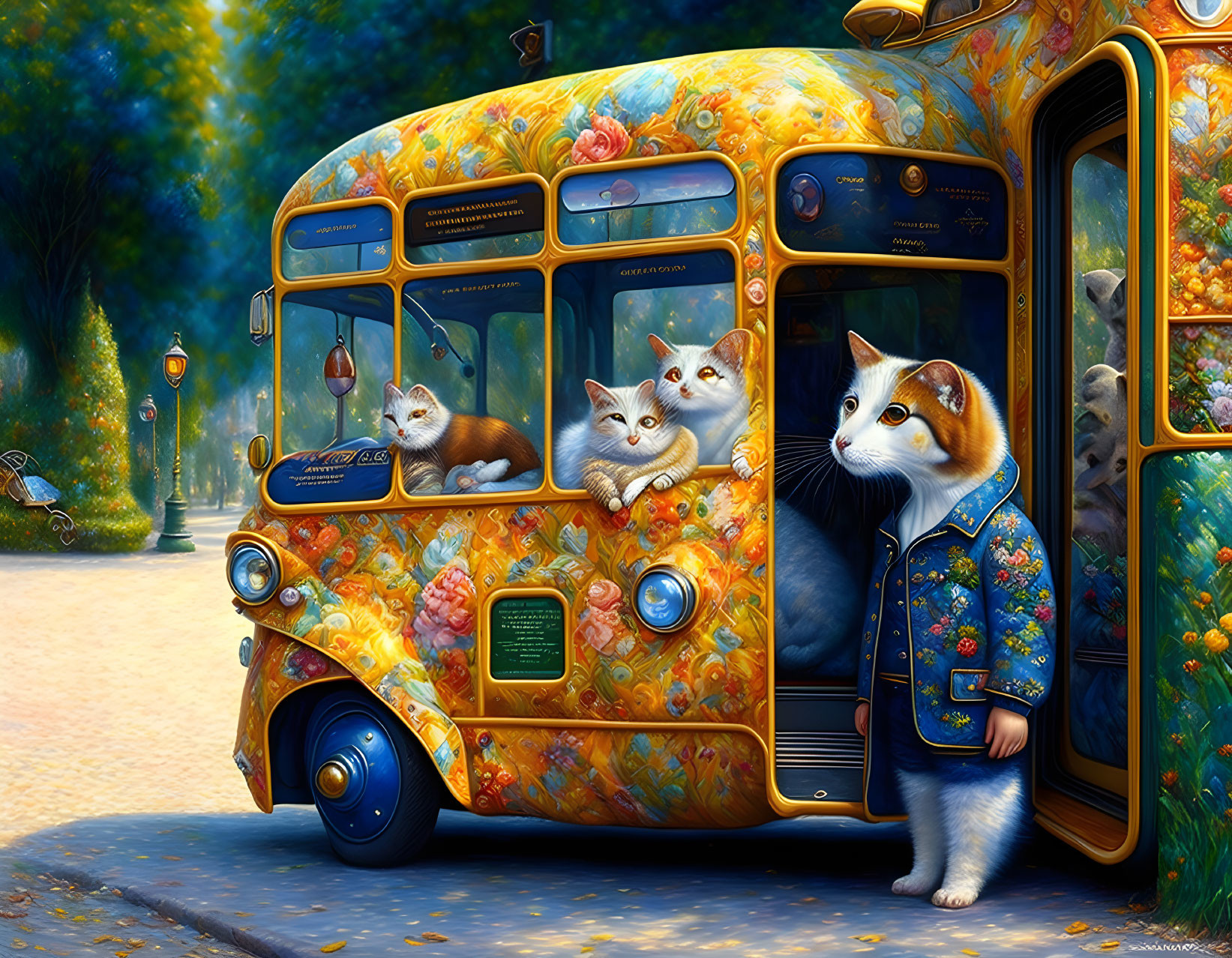 Colorful Floral-Patterned Bus with Cats and Conductor in Serene Park