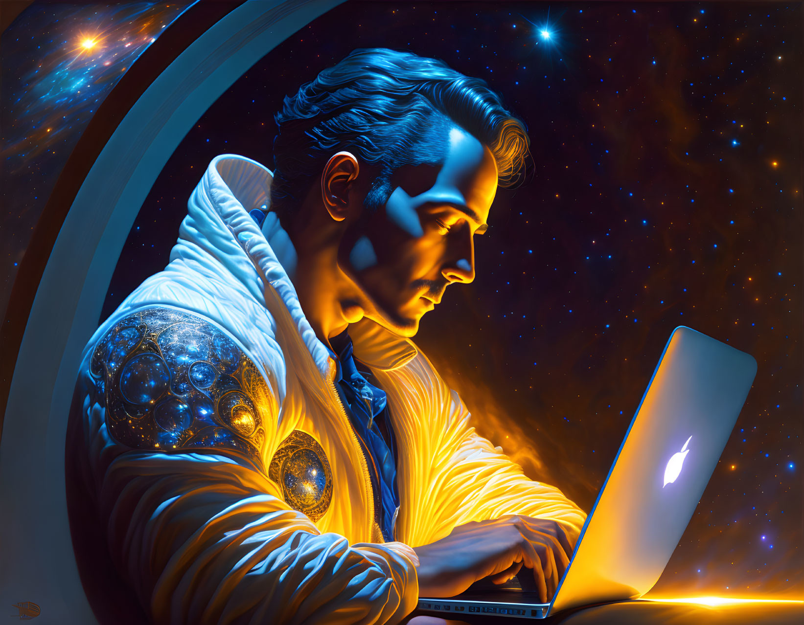 Man with laptop in cosmic setting, celestial bodies on jacket