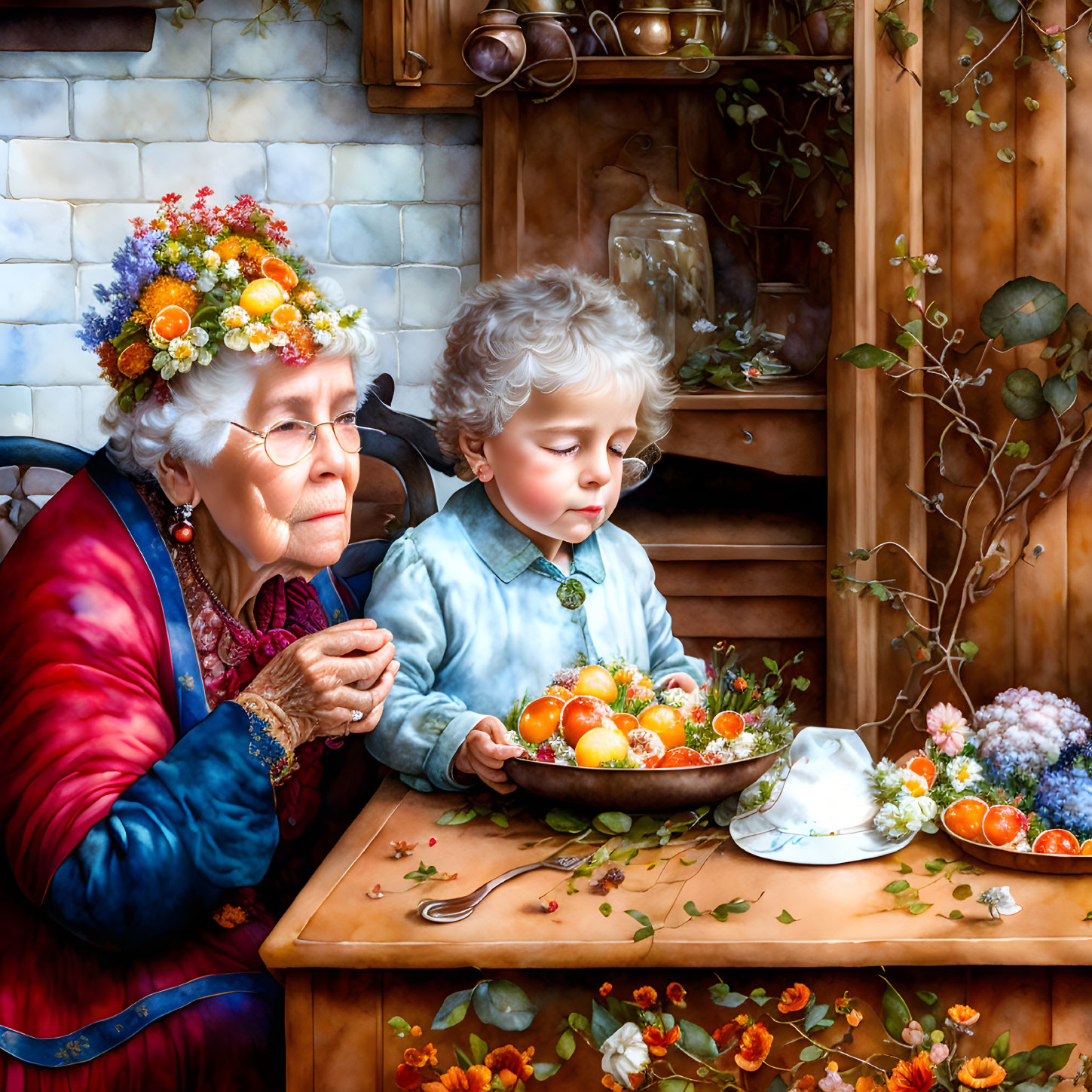 Elderly woman and child with citrus fruits in cozy kitchen