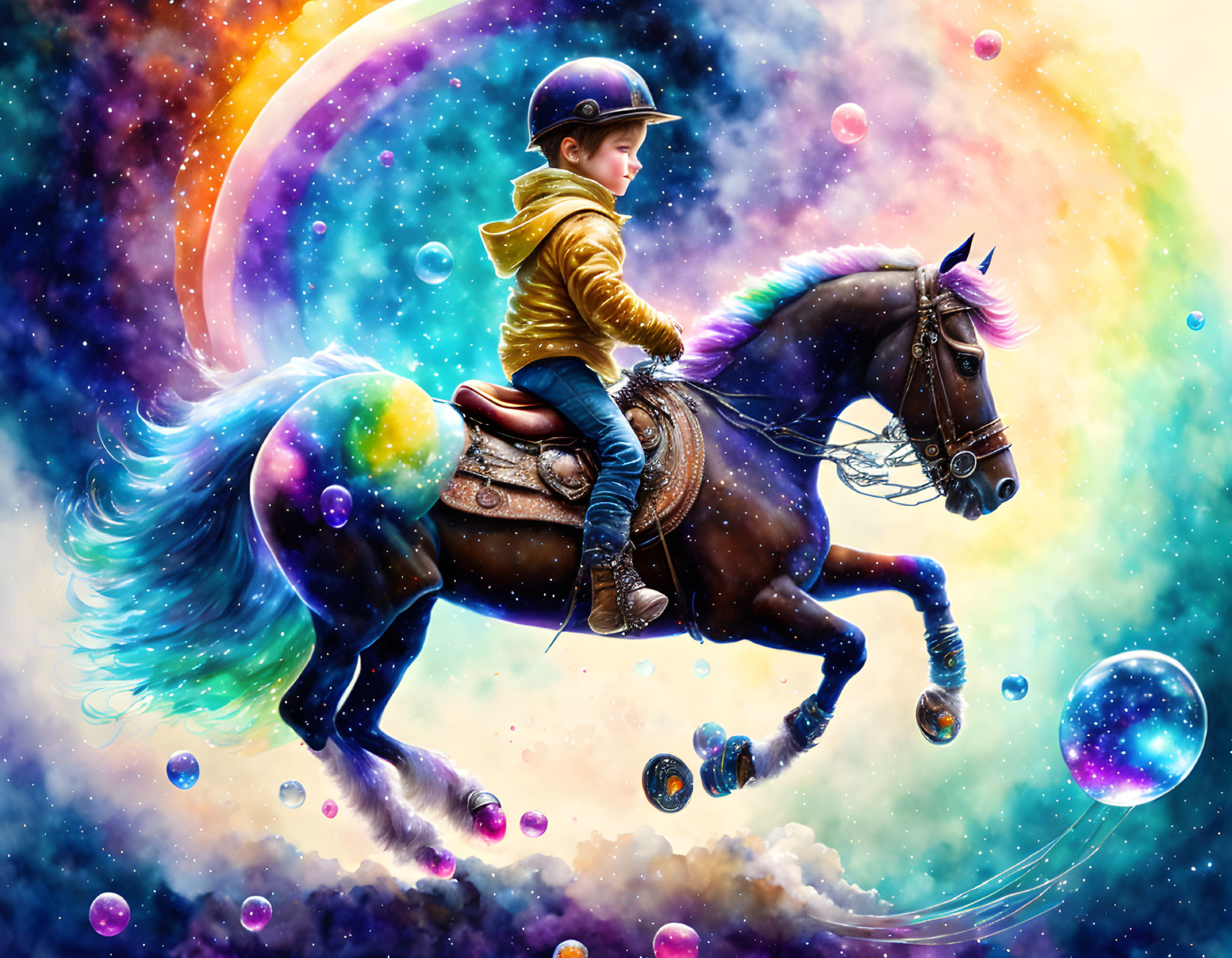 Child in riding helmet on horse in cosmic scene with nebulas & planets