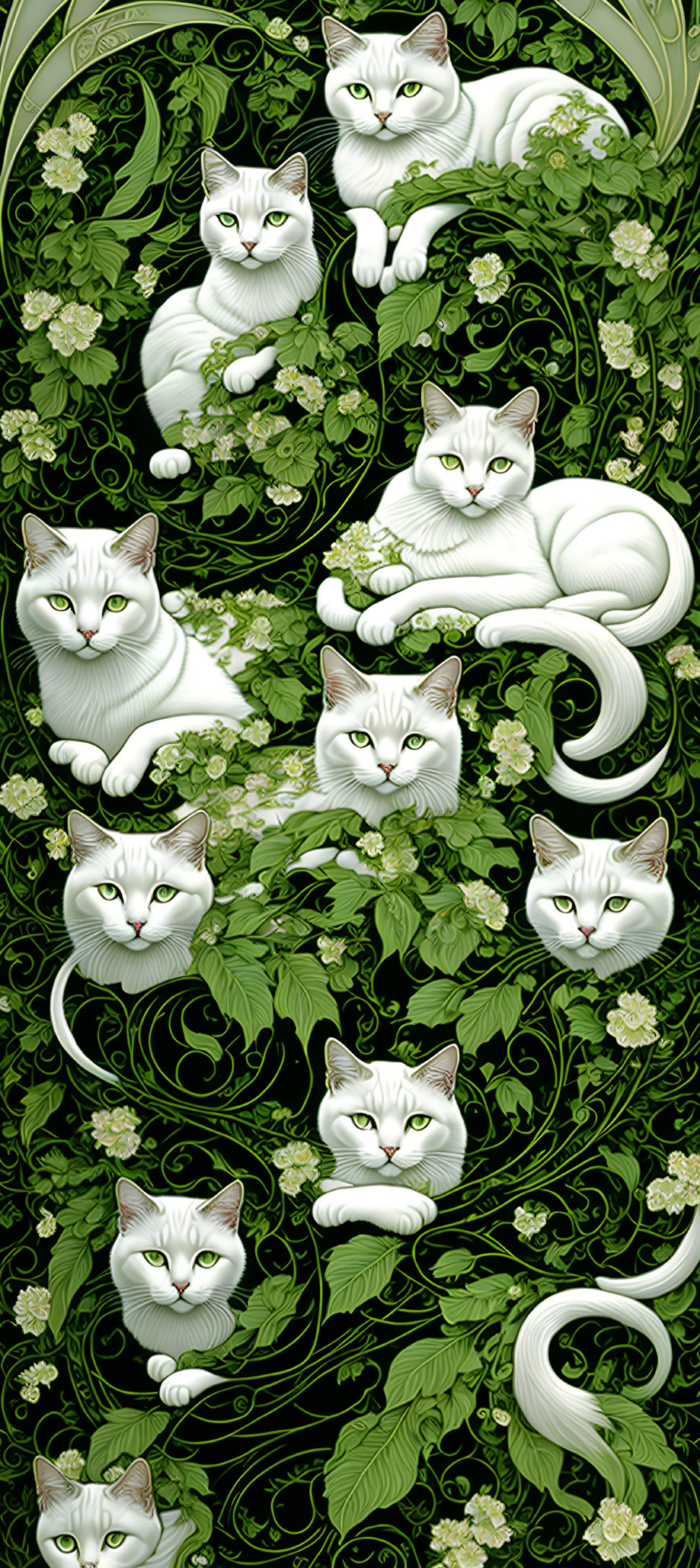 Multiple White Cats with Green Eyes Among Swirling Vines and Flowers on Dark Green Background