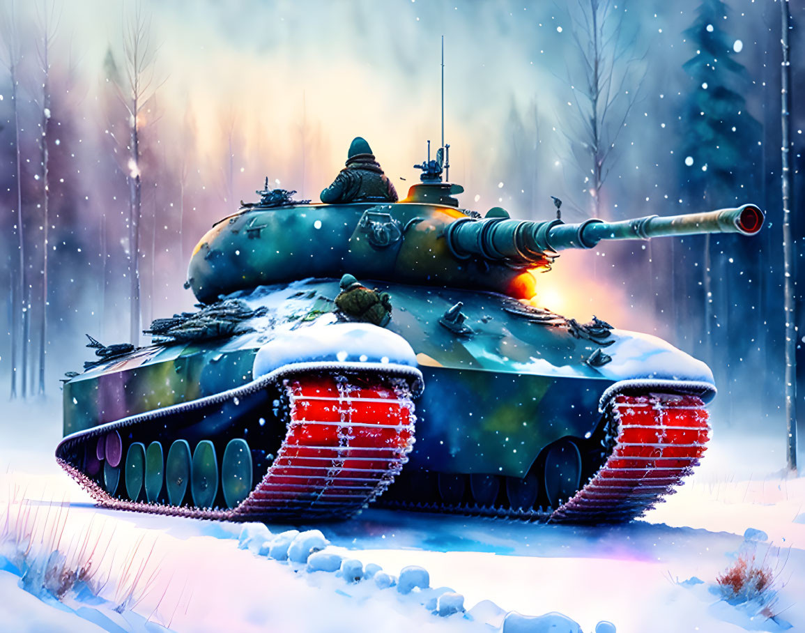 Colorful Tank in Snowy Forest with Cosmic Paint Patterns and Glowing Light