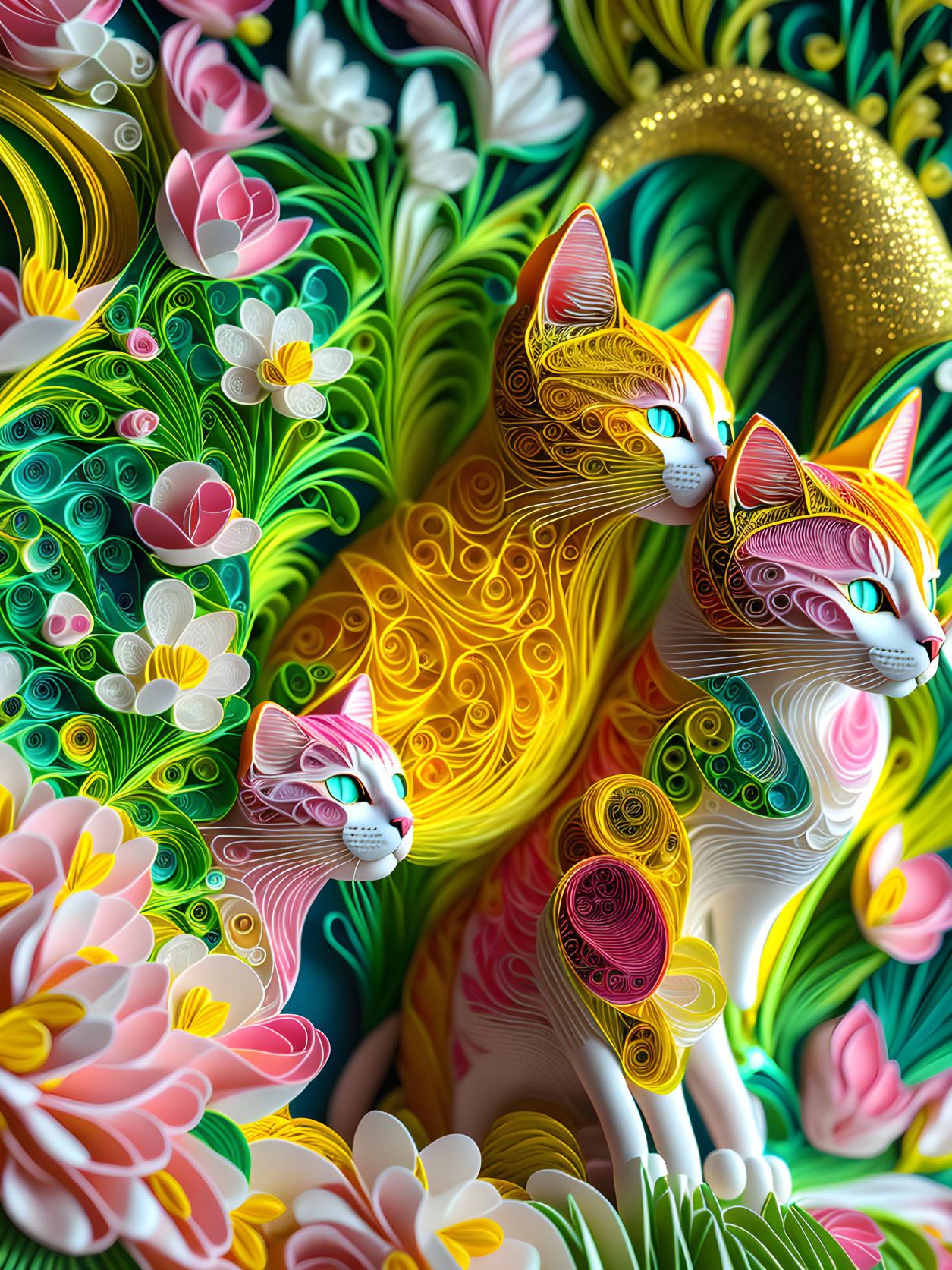 Colorful digital art: Three cats with quilling patterns, surrounded by stylized flowers.