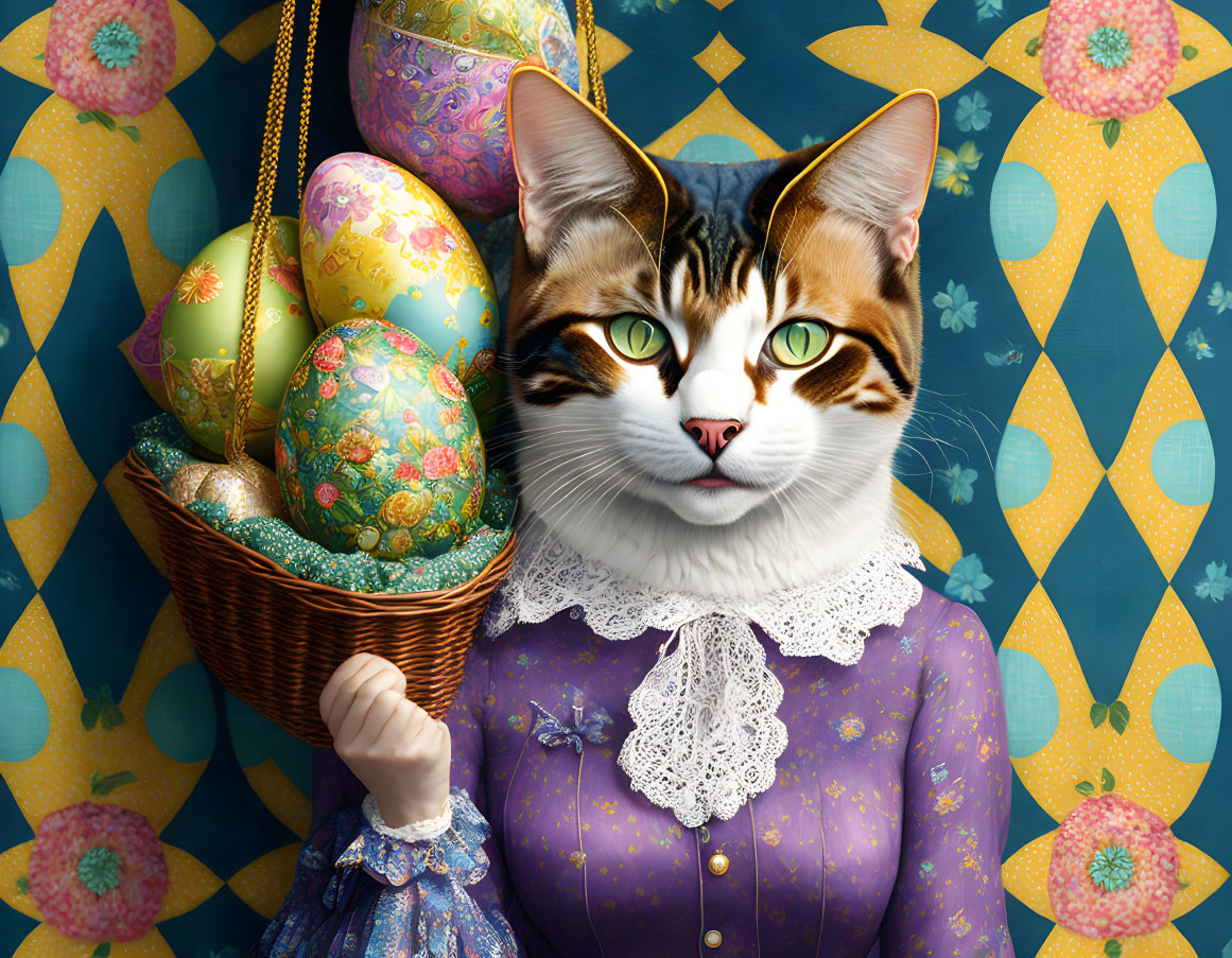 Cat and woman hybrid holding Easter eggs on patterned background