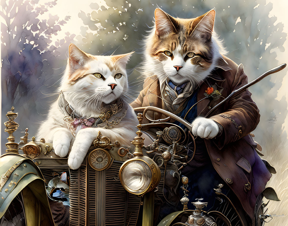 Anthropomorphic cats in vintage attire on steampunk vehicle