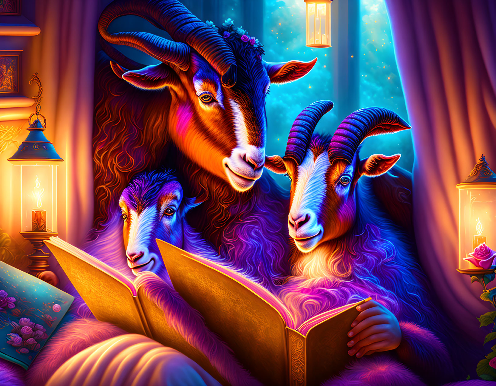 Animated goats reading a book in cozy, colorful room