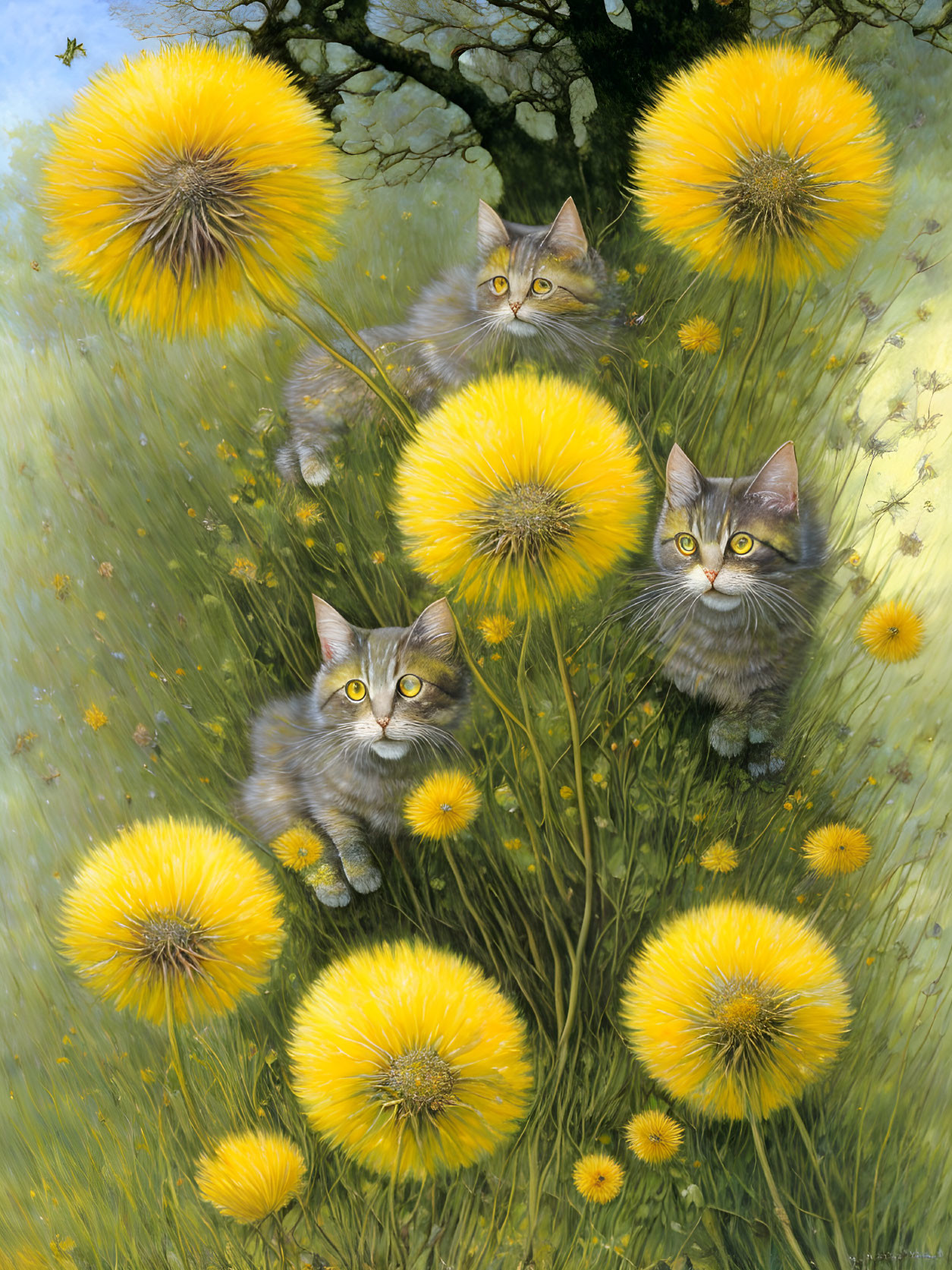 Four kittens in surreal landscape with oversized dandelions