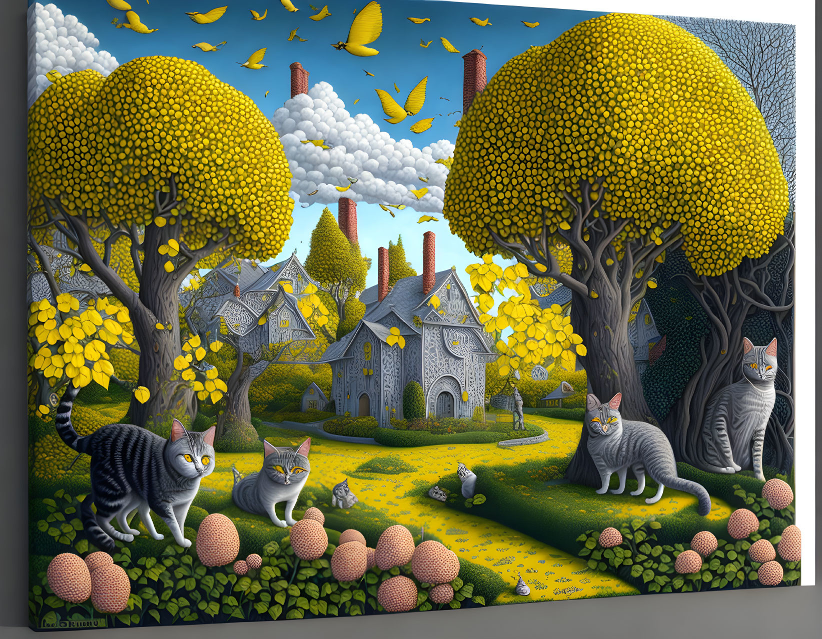 Colorful artwork: Oversized yellow trees, patterned cats, stone houses, flying fish, and