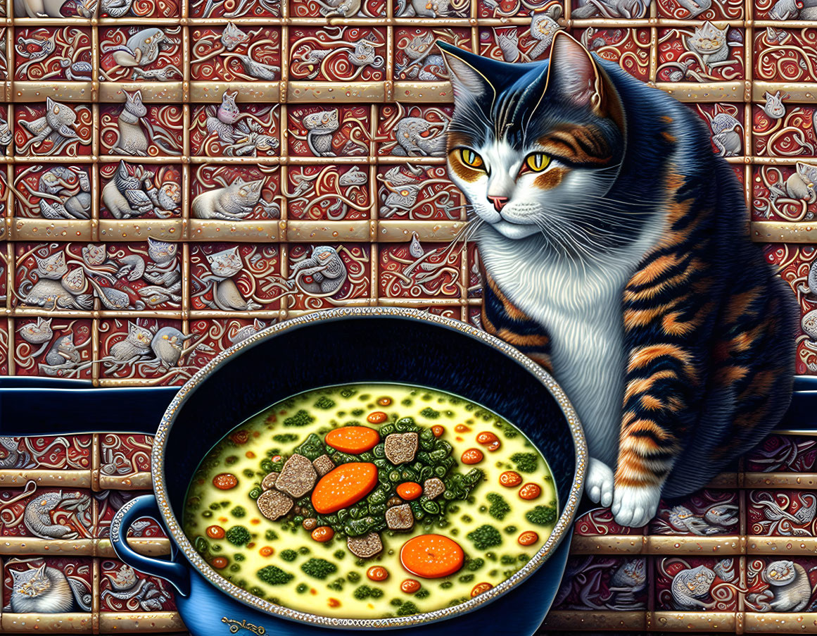 Cat next to vegetable soup on bird-patterned countertop