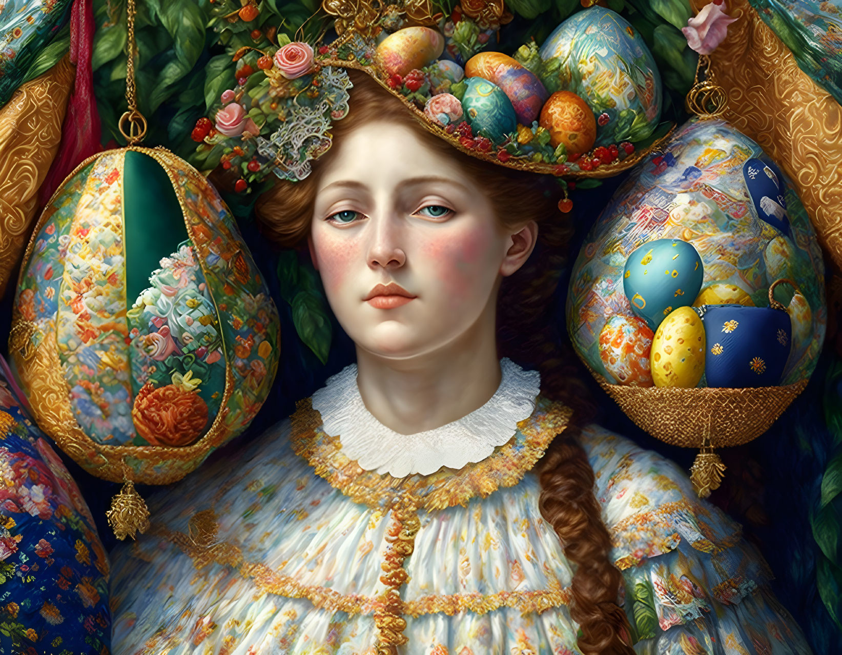 Classic painting of young woman with braided hair and Easter eggs in lush floral setting