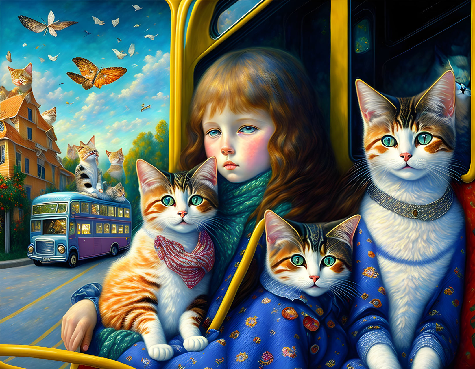 Illustration of girl with expressive eyes on bus with whimsical cats in colorful street scene