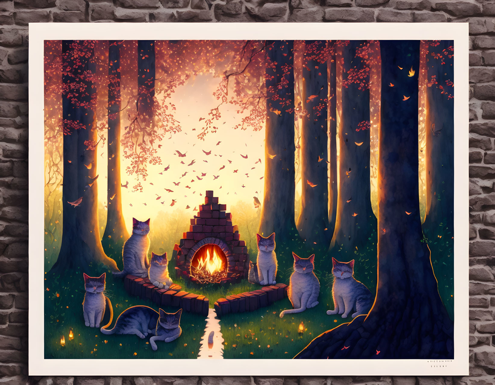 Cats around fire in mystical forest with butterflies at sunset