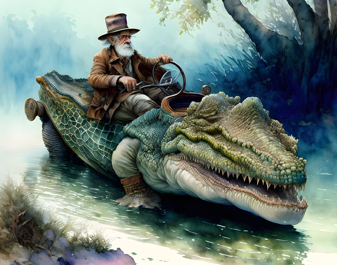 Elderly man in beard on crocodile boat in misty landscape