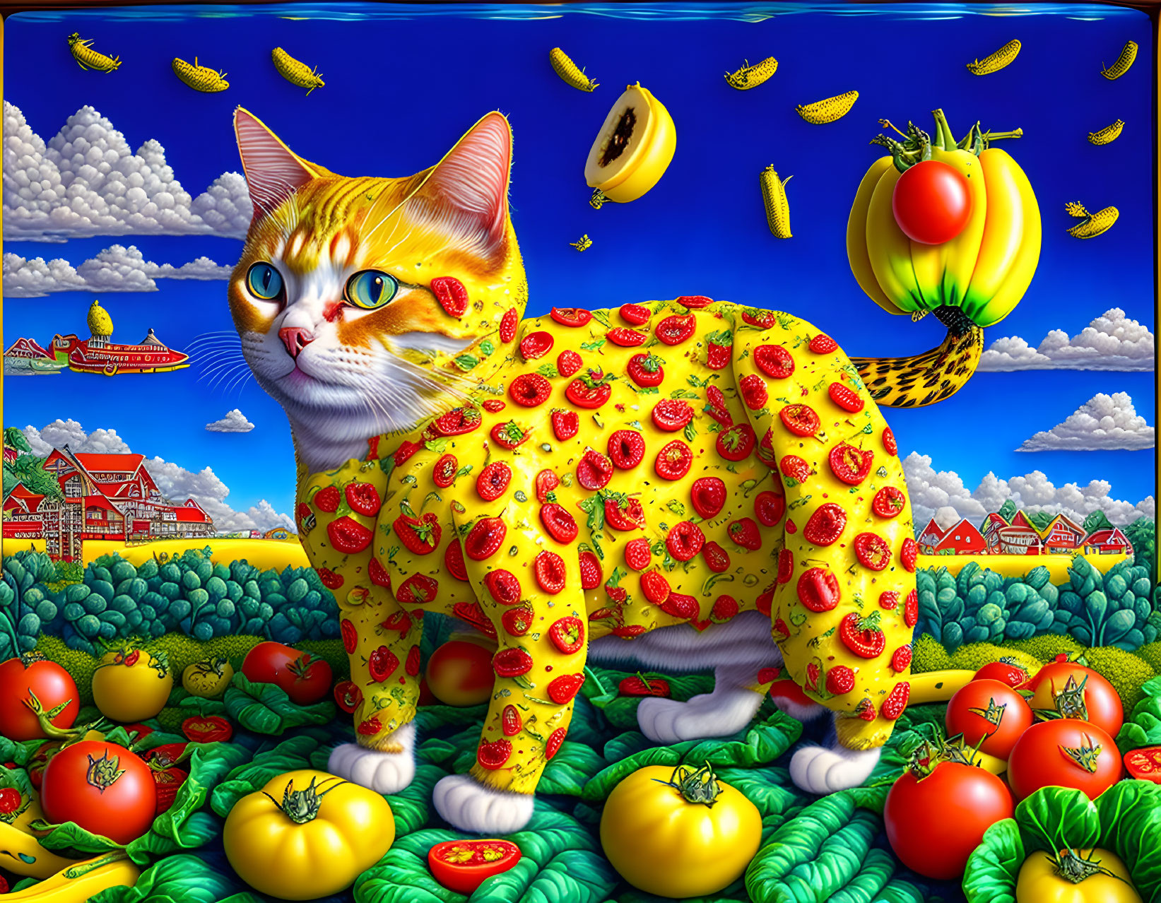 Colorful cat with pizza-themed fur in surreal landscape with floating bananas, burgers, and tomato-rich ground