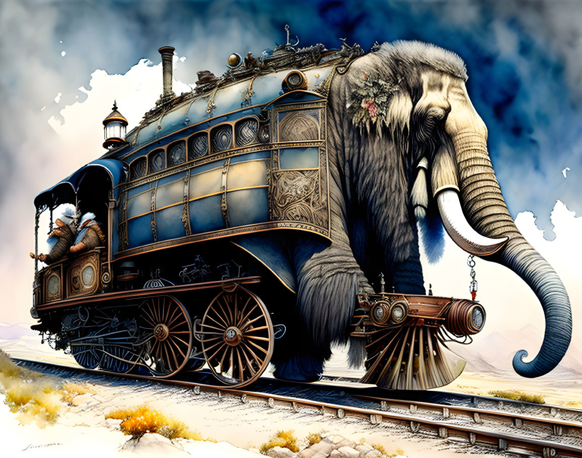 Illustration of majestic elephant-themed train traveling through desert