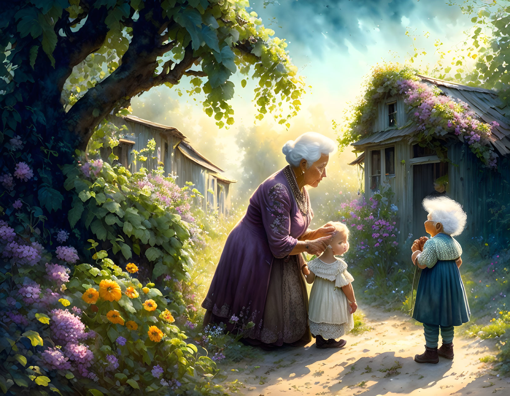 Elderly woman smiles at young girl and boy in garden scene.