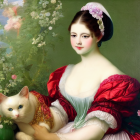 Classic Style Painting: Woman in Red Dress with Siamese Cat and Floral Surroundings