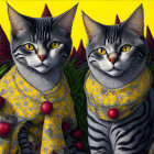 Stylized cats in human-like clothing on yellow background