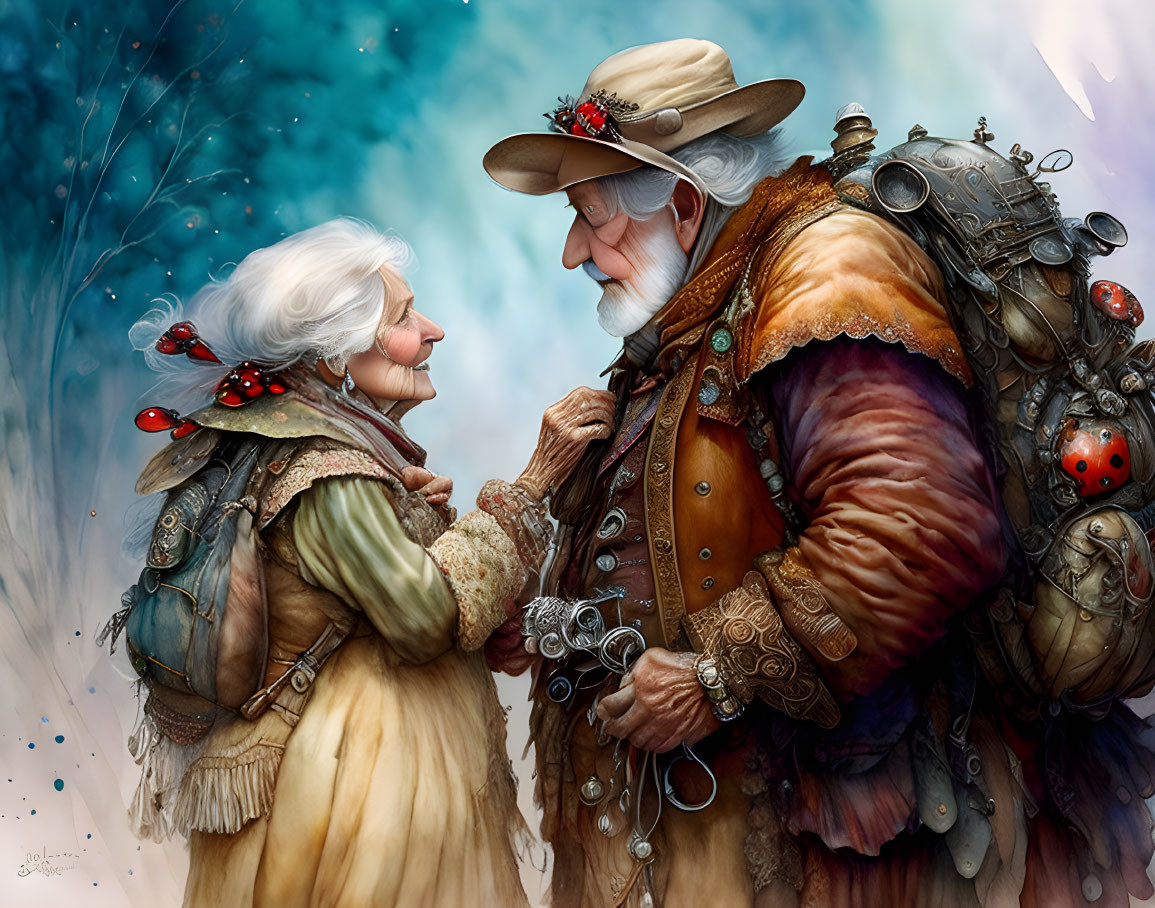 Elderly steampunk couple in futuristic attire against misty blue backdrop