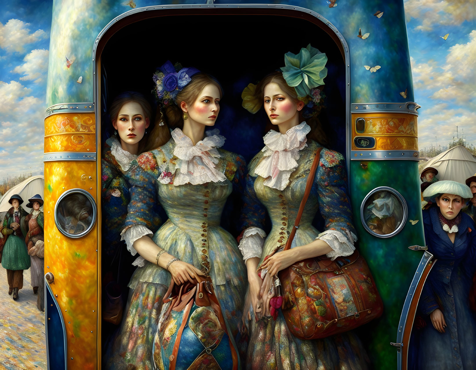 Vintage-dressed women by ornate train carriage with period bystanders