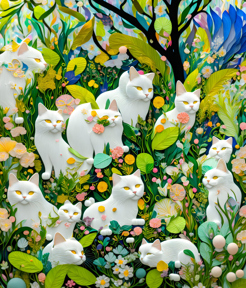 Colorful Floral Background with Multiple White Cats in Various Expressions