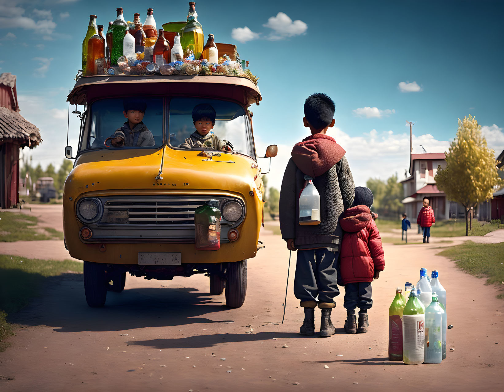 Children inside and outside yellow bus with bottles on sunny day