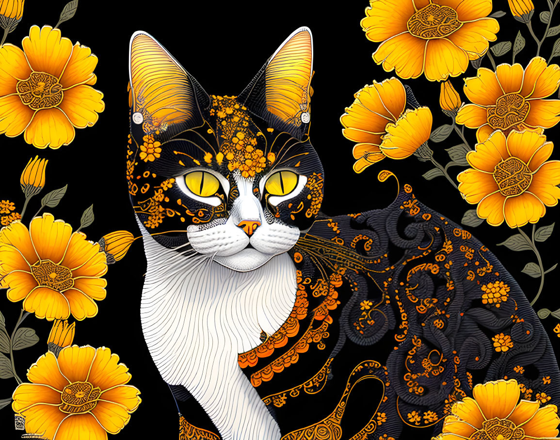 Detailed Cat Illustration with Yellow and Black Patterns Among Yellow Flowers on Dark Background