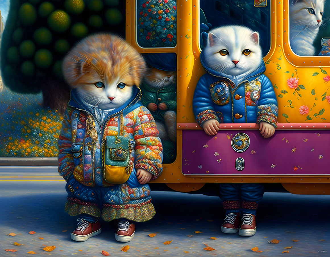 Anthropomorphic Cats in Colorful Coats and Sneakers Exiting Bus