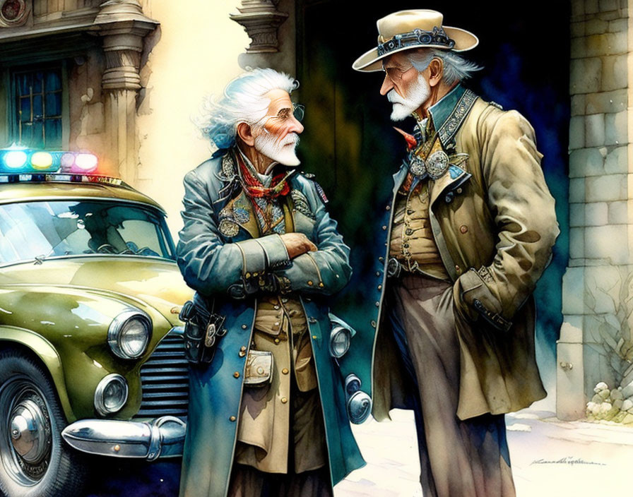 Vintage-clad elderly men chatting by classic police car and old building