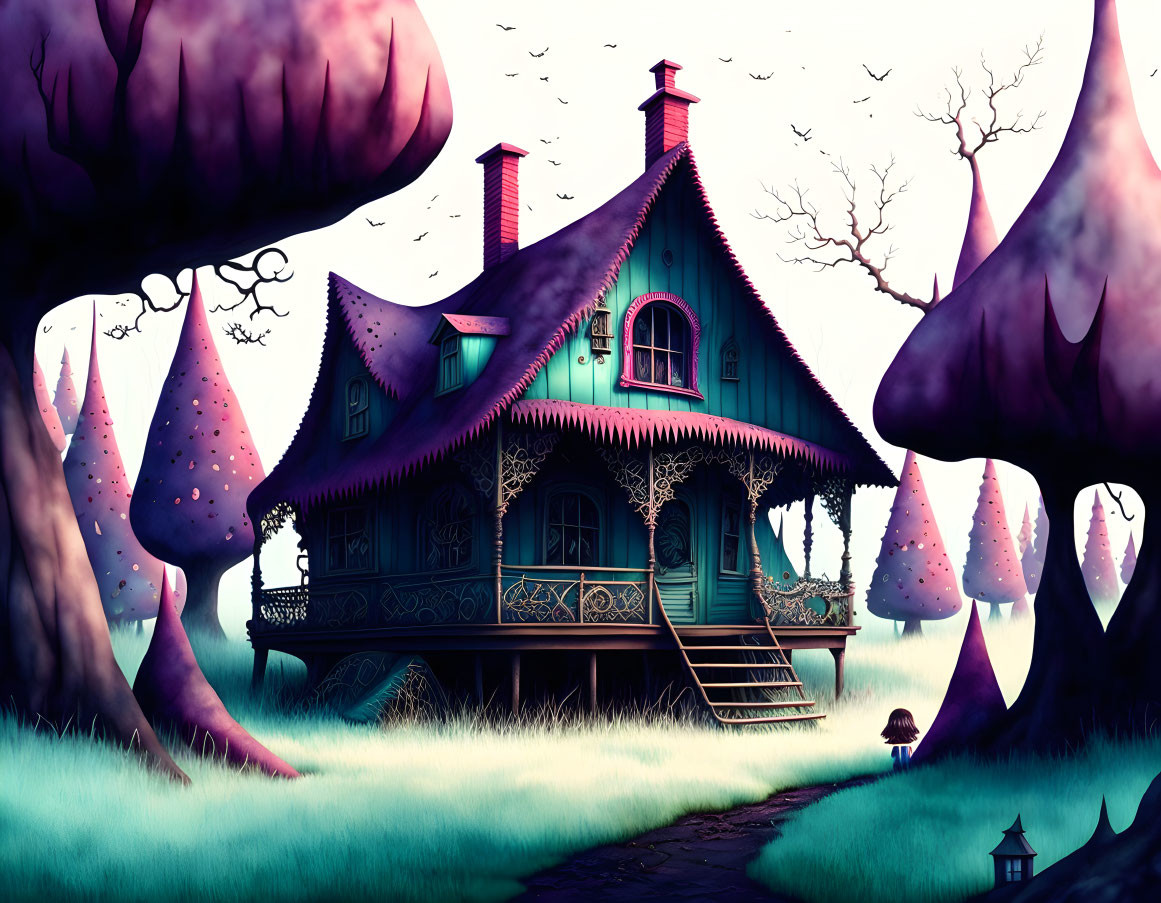 Whimsical Victorian House in Purple Forest Scene