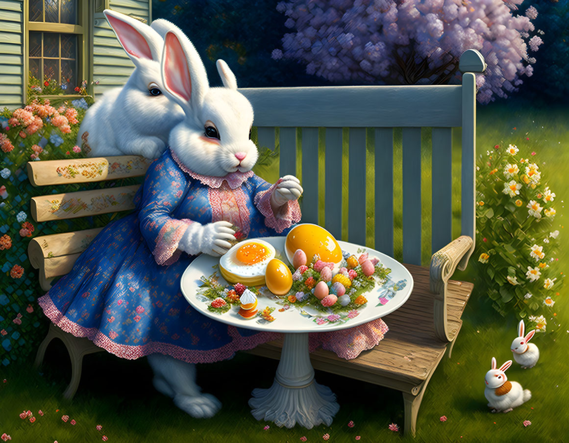 Female rabbit painting Easter eggs on bench in garden at dusk