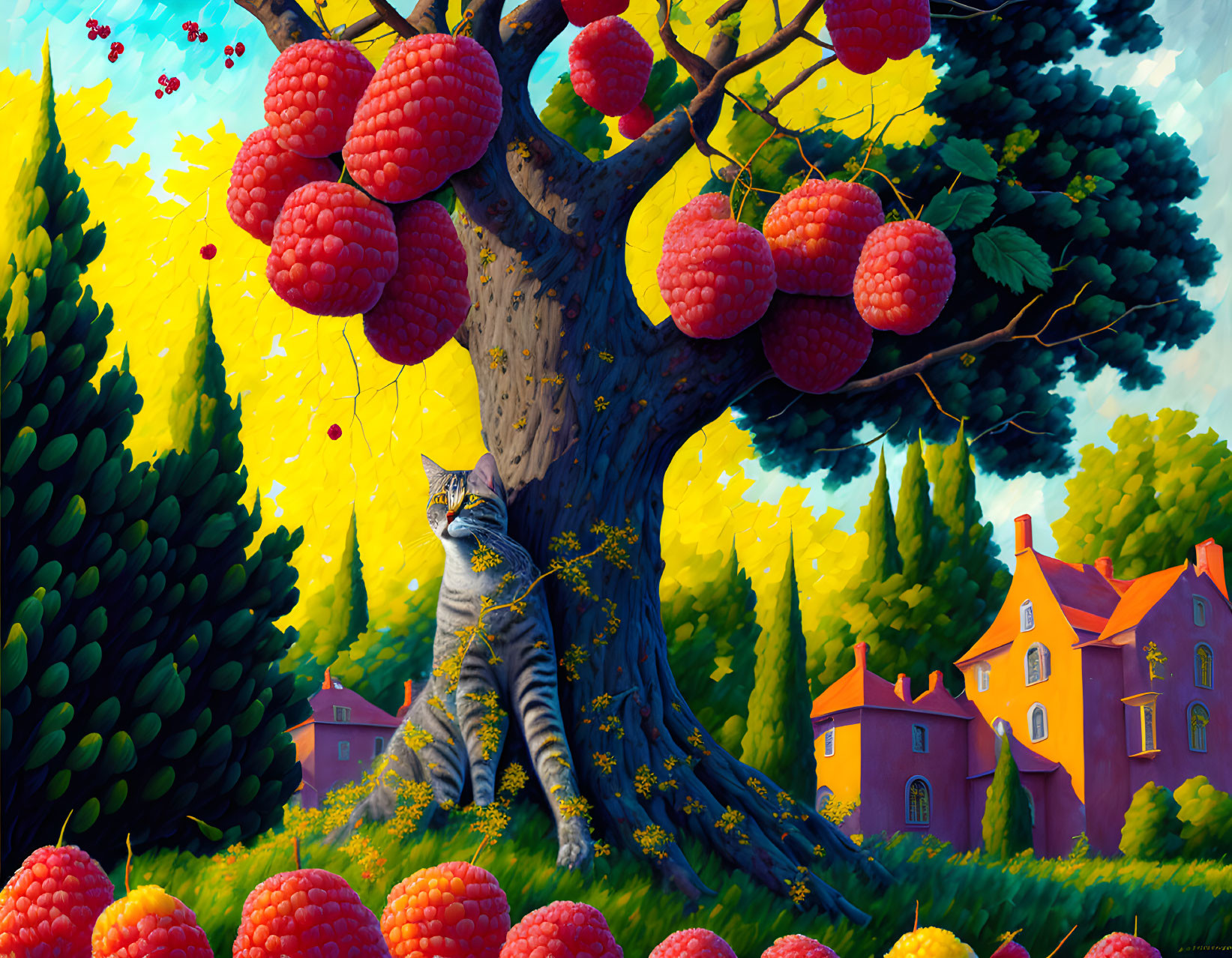 Whimsical autumn scene: oversized raspberry tree, cat climbing, storybook houses.