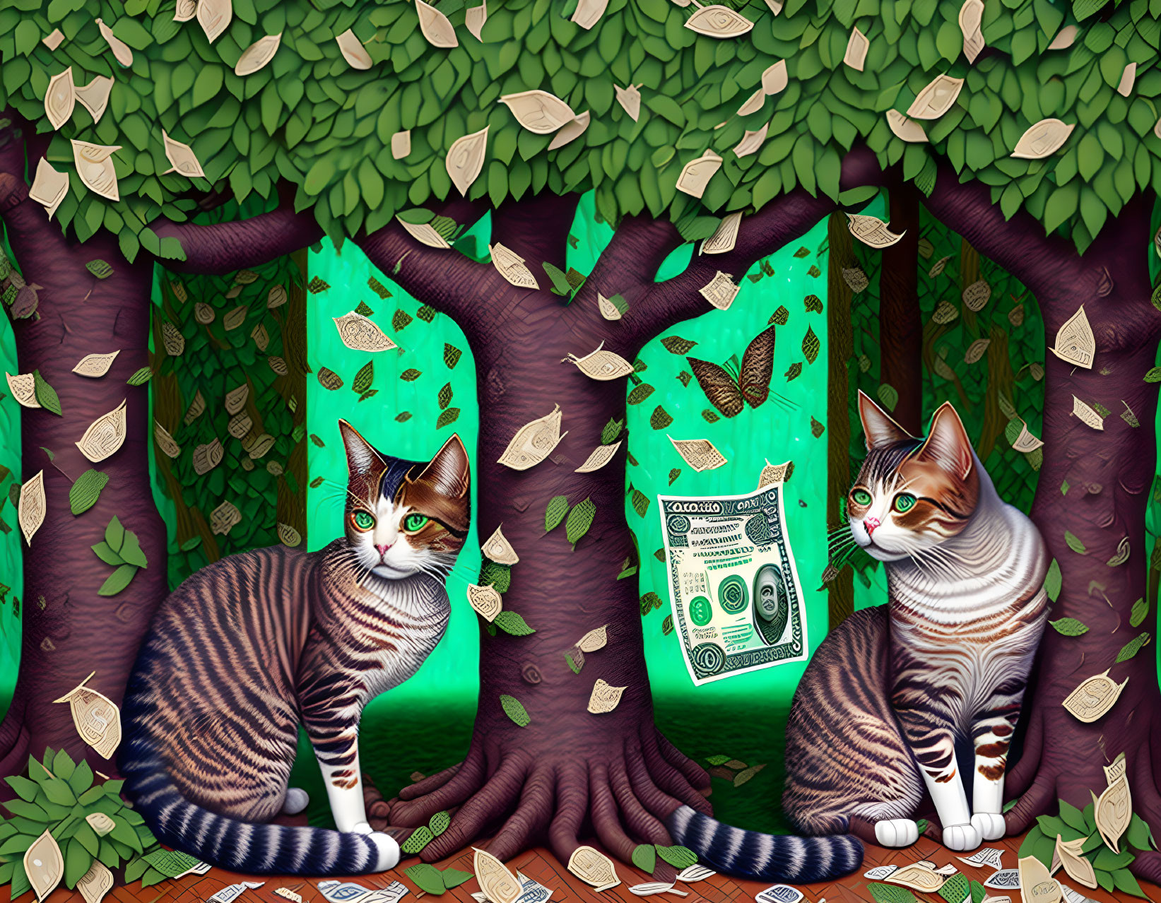 Striped cats surrounded by money-themed nature scene