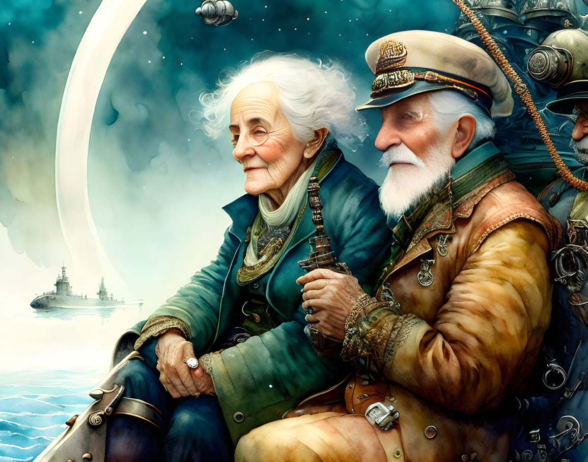 Elderly couple in steampunk attire with fantastical ships and crescent moon.