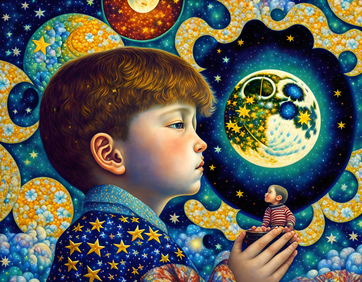 Illustration of boy with mini self holding Earth in surreal cosmic scene