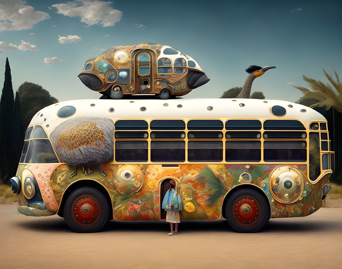 Surreal desert landscape with bus, sea creature elements, and person