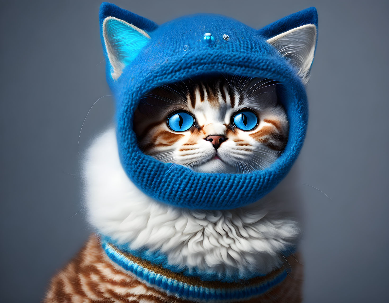 Blue-eyed cat peeking through hole in cozy blue knitted balaclava