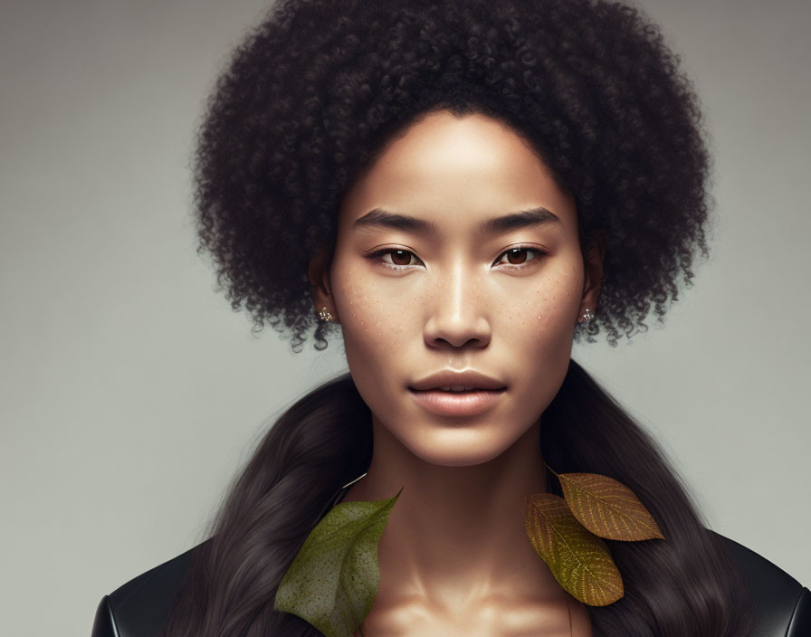 Portrait of Woman with Afro Hairstyle, Freckles, and Leaf Earrings