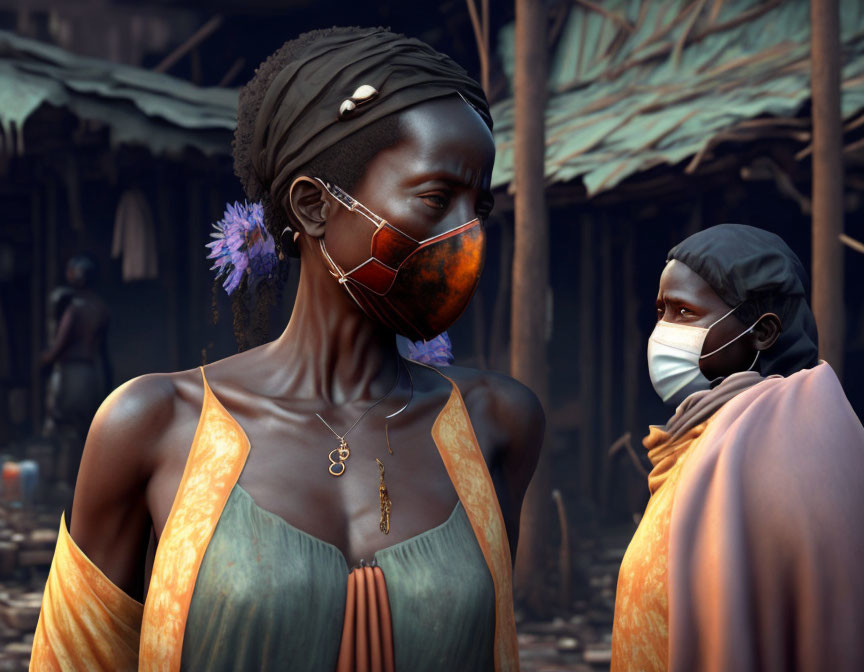 Women in masks talking in village with rustic huts.