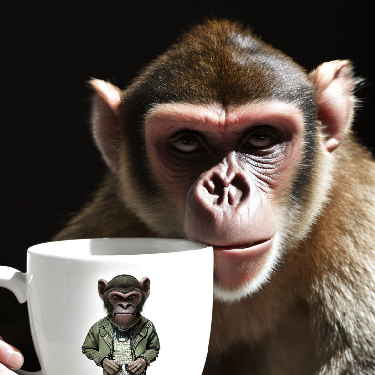 Contemplative monkey beside oversized white mug with dressed monkey graphic.